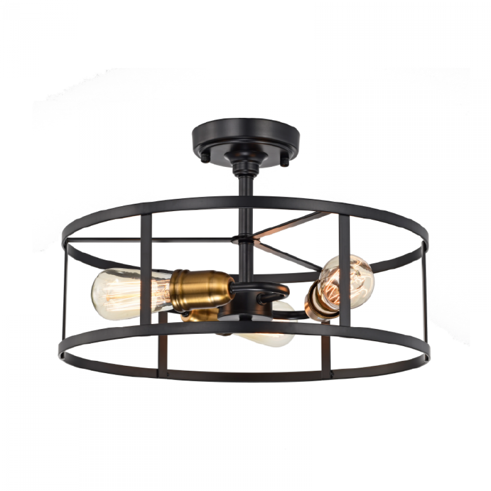 16&#34;,3x60 W Semi-Flush Mount in Black finish with Gold socket rings