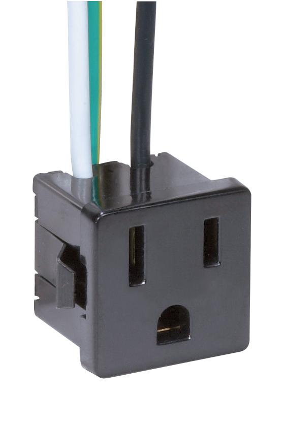 3 Wire, 2 Pole Snap-In Convenience Outlet, Opening Size: 1&#34; x 1&#34; x 1&#34; Rated: 15A-125V