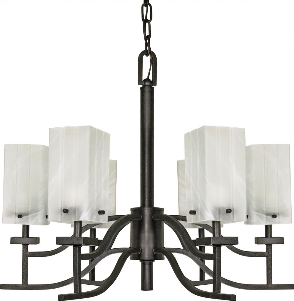 6-Light 26&#34; Textured Black Flush Chandelier with Alabaster Swirl Glass