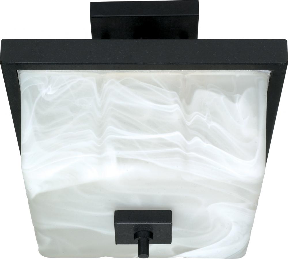 2-Light 12&#34; Textured Black Semi Flush Ceiling Light Fixture with Alabaster Swirl Glass