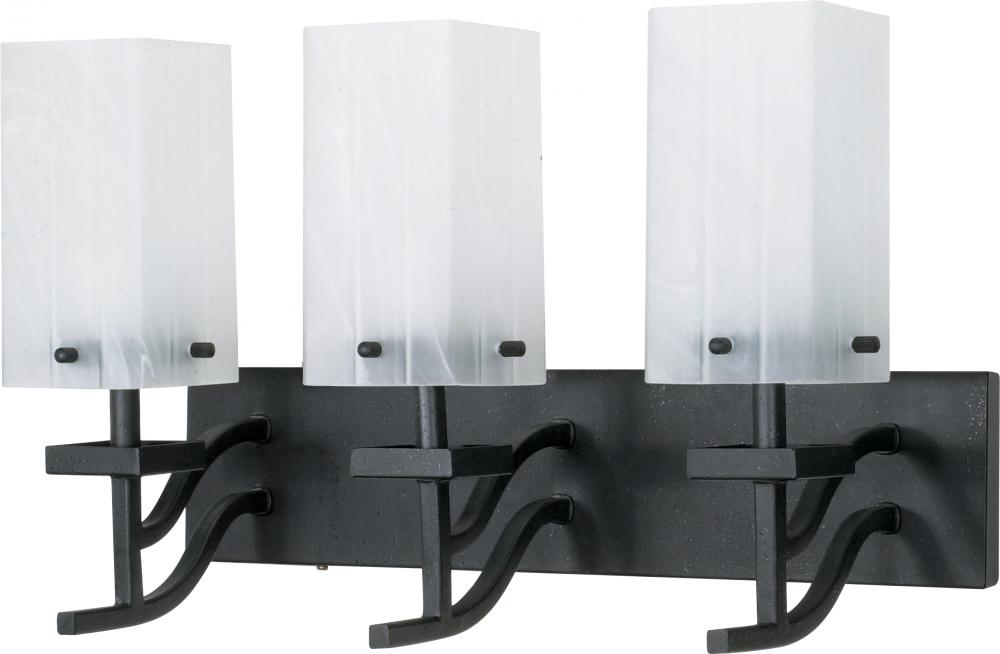 3-Light 20&#34; Textured Black Wall Mounted Vanity Fixture with Alabaster Swirl Glass