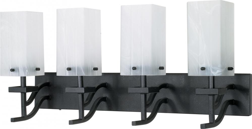4-Light 27&#34; Textured Black Wall Mounted Vanity Fixture with Alabaster Swirl Glass