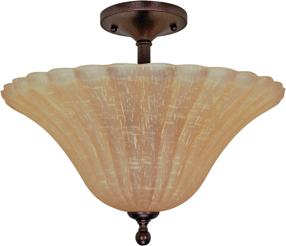 3-Light 16&#34; Copper Bronze Semi Flush Ceiling Light Fixture with Champagne Linen Washed Glass