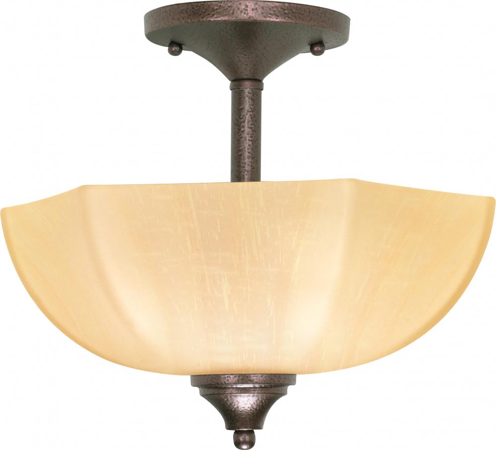 2-Light 13&#34; Copper Bronze Semi Flush Ceiling Light Fixture with Champagne Washed Linen Glass