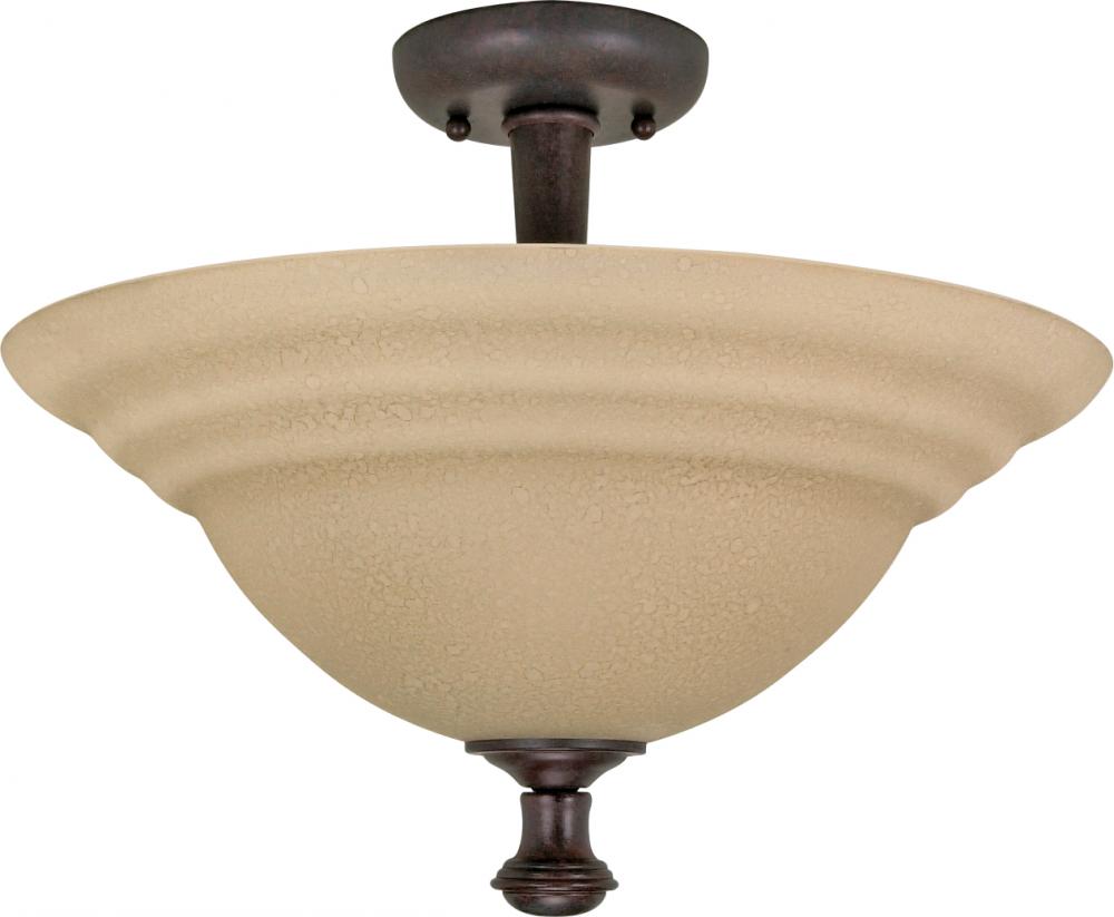2-Light 16&#34; Semi Flush Mount Dome Lighting Fixture in Old Bronze Finish with Amber Water Glass