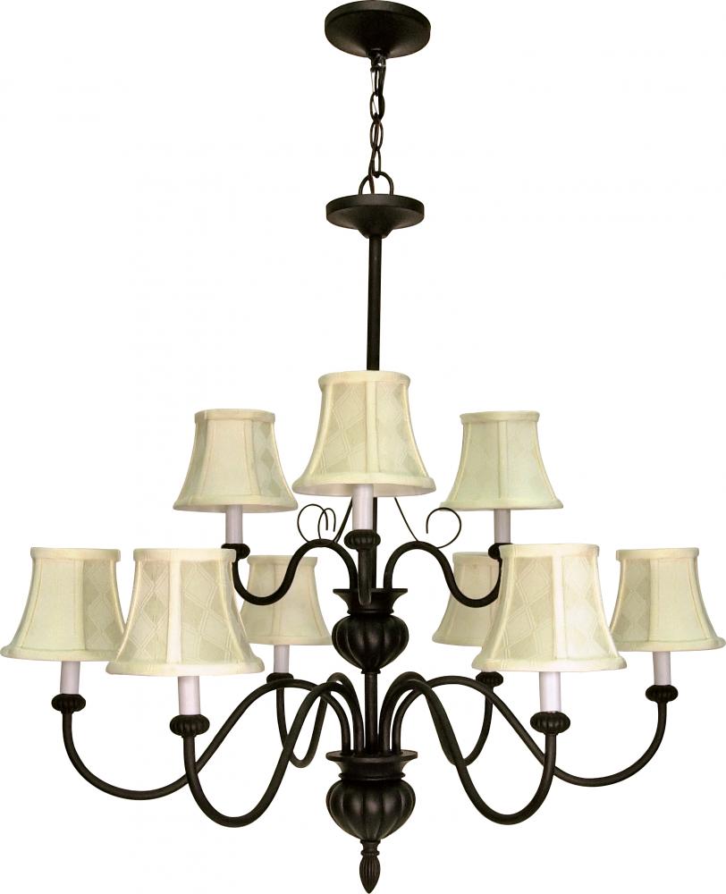 2-Tier 9-Light 34&#34; Textured Black Chandelier with Ecru Diamond Shades