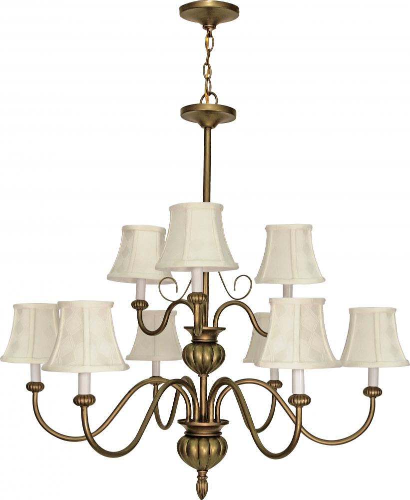 2-Tier 9-Light 34&#34; Flemish Gold Finish Chandelier with Ecru Diamond Shades