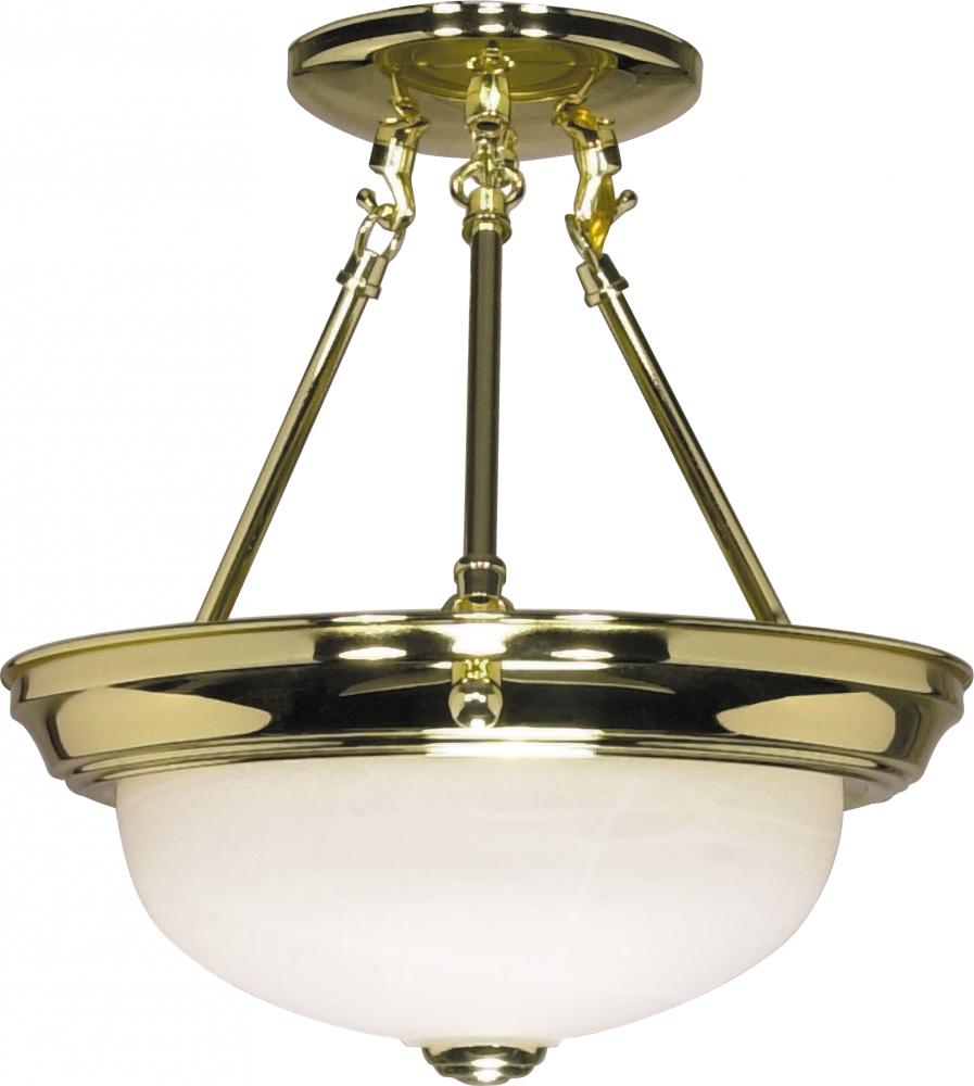 2-Light 11&#34; Semi Flush Mount Lighting Fixture in Polished Brass Finish with Alabaster Glass