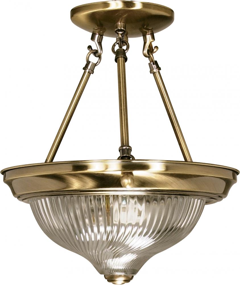 2-Light 11&#34; Semi Flush Light Fixture in Antique Brass Finish with Clear Swirl Glass