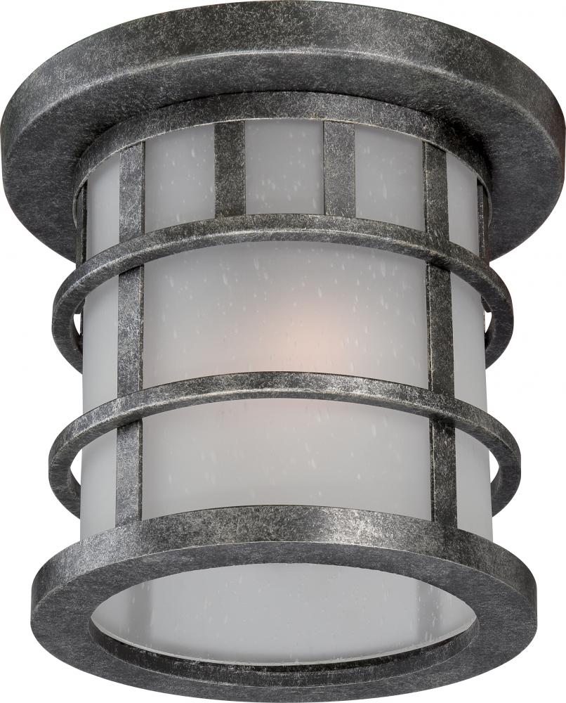 1-Light 11&#34; Flush Mounted Outdoor Fixture in Aged Silver Finish and Frosted Seeded Glass
