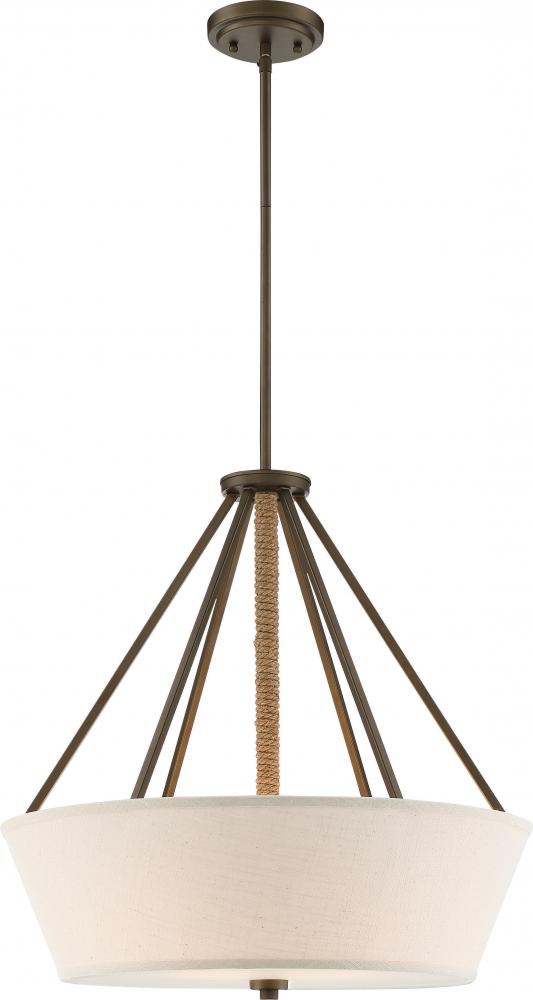 Seneca - 4 Light 22&#39;&#39; Pendant with Beige Linen Fabric Shade - Aged Bronze Finish with Rope