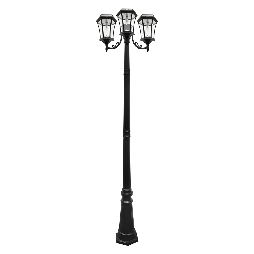 Victorian Bulb Triple Headed Solar Lamp Post with GS Solar LED Light Bulb - Black Finish